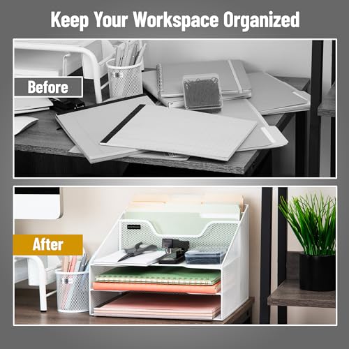 Mind Reader Metal Mesh Desktop File Organizer, 3-Tier Paper Tray with 5 Compartments, Office Mail Sorter, White - color: White