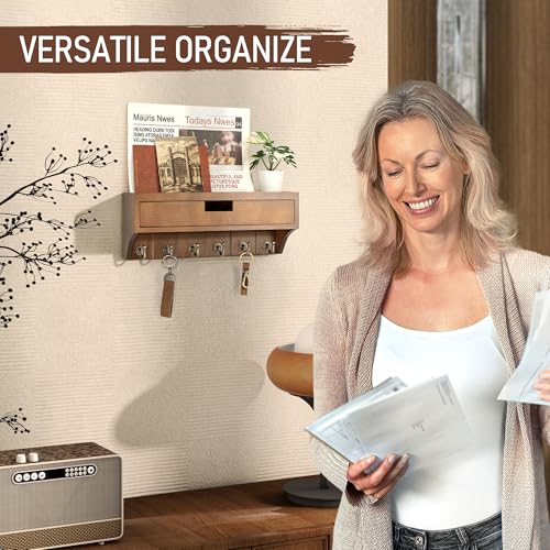 Rebee Vision Farmhouse Pine Wood Key Holder Wall Mount with Drawer Organizer – Mail Organizer with 6 Sturdy Key Hooks and Storage Drawer – Rustic Home Decor for Apartment Essentials (Brown) - color: Brown, style: 1-Drawer