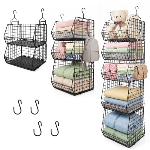 5 Tier Metal Hanging Closet Organizer with 2 Extra Tall Storage Baskets & 3 Standard Wire Baskets, Heavy Duty Foldable Closet Organizer with Protective Liners for Sweaters, Jeans, Handbags, Tower