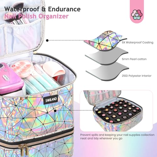 SAVILAND Nail Polish Organizer Bag: PU Leather Nail Kit Organizer Holds 30 Bottles & Nail Lamp, Holographic Nail Supply Organizer Nail Polish Holder Case Nail Organizers and Storage Box for Nail Tech - color: C-Holographic
