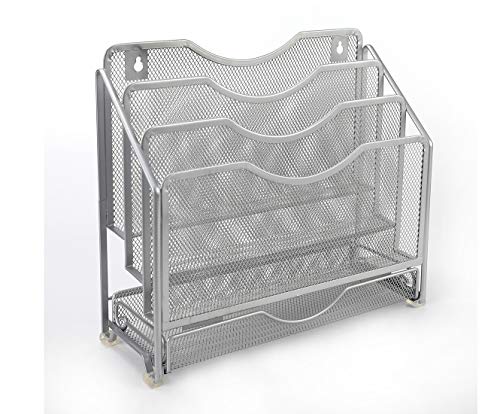 EasyPAG Mesh Desk Paper Organizer Wall Hanging File Holder with 3 Upright File Rack and Sliding Drawer,Silver - color: Silver