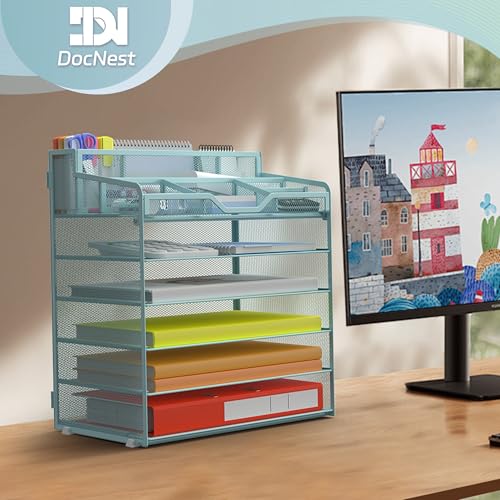 Docnest 6 Tier Mesh Desk Organizer for Paper Office Supplies – Multi-Functional Letter Tray with 5 Adjustable Compartments, 7 Pen Holders, Desktop Storage for Files, Mail, Stationery – Blue - color: Blue, size: 12.7" x 9.1" x 15.5"