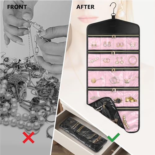 CHICECO Travel Jewelry Holder Organizer,Hanging Jewelry Organizer Storage with Zippered Pockets for Cloest,Jewelry Holder for Earrings, Necklaces (Pink Black) - color: Pink Black