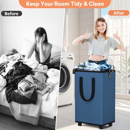 SpaceTrove Laundry Basket with Wheels, Collapsible Laundry Baskets, Laundry Hamper with Handles Detachable Wheels, Rolling Laundry Basket, Dirty Clothes Hamper for Bathroom, Dorm, Bedroom, Navy, 80L - color: Navy, size: 80L