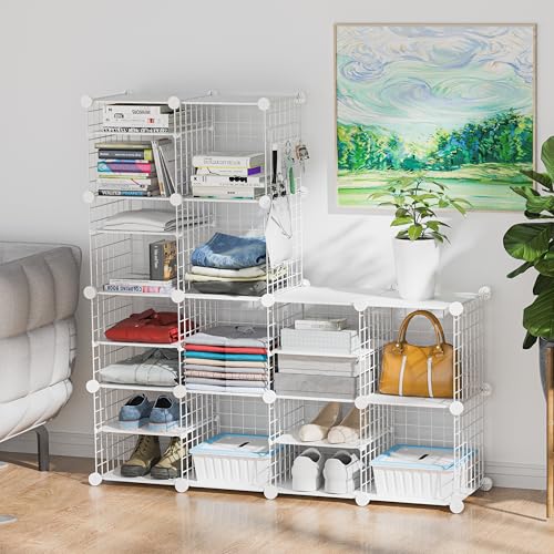 Wire Cube Storage Organizer, 12 Cubes Converted into 14 Cubes, Sturdy Metal Grids Storage Shelf Closet Shelving Units and Storage, Shelves for Bedroom LIvingroom Office - color: White, size: 12 cubes