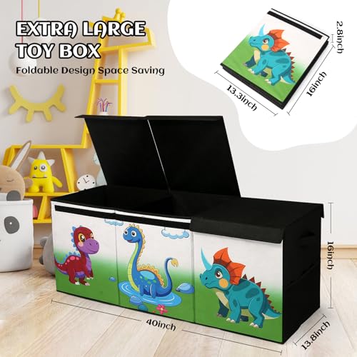 Extra Large Toy Box, Collapsible Storage Organizer with Lids, Sturdy Dinosaur Toy Chest for Boys Girls, 40"x14"x16" Kids Storage Bin Box Baskets for Living Room, Playroom, Bedroom, Nursery - color: Black