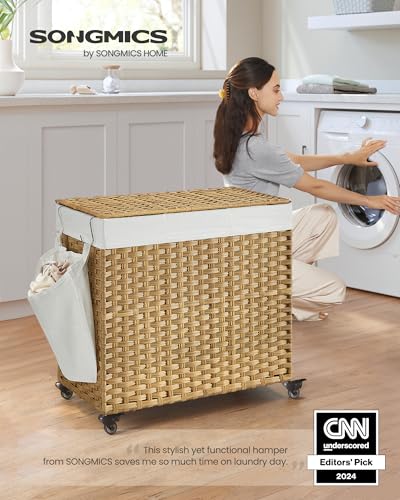 SONGMICS Laundry Hamper with Lid, 37 Gallons (140 L), Rolling Laundry Basket with Wheels, 3-Section Synthetic Rattan, Removable Liner, Bedroom, 26 x 13 x 26 Inches, Natural ULCB363N01 - color: Natural, size: 140 L