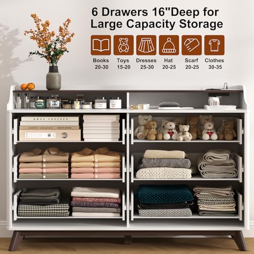 Dresser for Bedroom with 6 Drawers, 55" Large Dresser w/Charging Station, Open Shelf Top, Pre-Installed Slides, Wood Closet Clothes Storage Long Dressers for Bedroom, Living Room, Hallway, White - color: White, size: 16"D x 55"W x 37"H (6 Drawers)