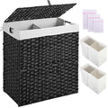 Greenstell Laundry Hamper with lid, No Install Needed, 110L Wicker Laundry Baskets Foldable 2 Removable Liner Bags, 2 Section Clothes Hamper Handwoven Rattan Laundry Basket with Handle, Black - color: Black, size: 110L (22.2x13.3x24.0 Inches)