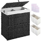 Greenstell Laundry Hamper with lid, No Install Needed, 110L Wicker Laundry Baskets Foldable 2 Removable Liner Bags, 2 Section Clothes Hamper Handwoven Rattan Laundry Basket with Handle, Black - color: Black, size: 110L (22.2x13.3x24.0 Inches)
