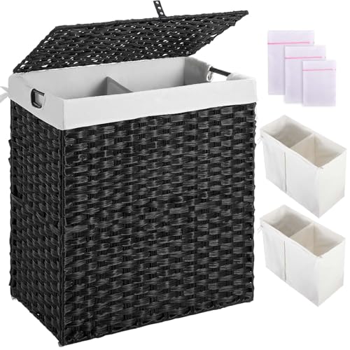 Greenstell Laundry Hamper with lid, No Install Needed, 110L Wicker Laundry Baskets Foldable 2 Removable Liner Bags, 2 Section Clothes Hamper Handwoven Rattan Laundry Basket with Handle, Black - color: Black, size: 110L (22.2x13.3x24.0 Inches)