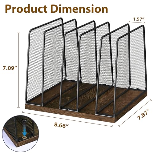 LEKETREE Desk File Organizer, 5-Section Upright File Sorter, Vertical File Folder Holder, Mesh Metal Wood Office Desktop Organization for Document, Magazine, Books and more (Wood and Black) - color: Brown and Black