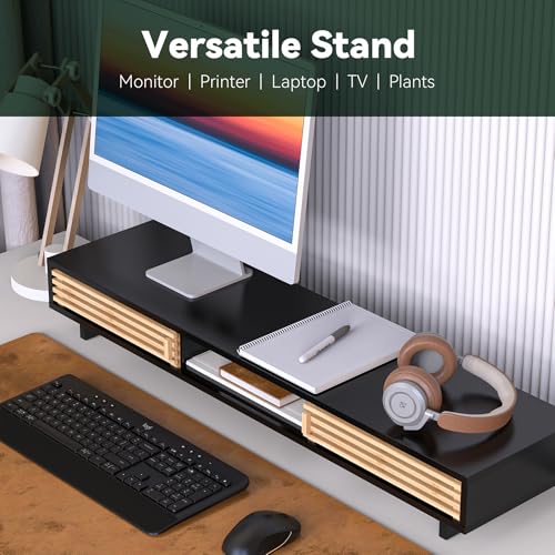 Dual Monitor Stand with Sliding Bamboo Doors - Heavy Duty Wood Computer Monitor Riser for 2 Screens, Ergonomic Desk Organizer with Storage & Keyboard Tray, Natural & Black (38 Inch) - color: Black + Natural Bamboo, size: 38 Inch