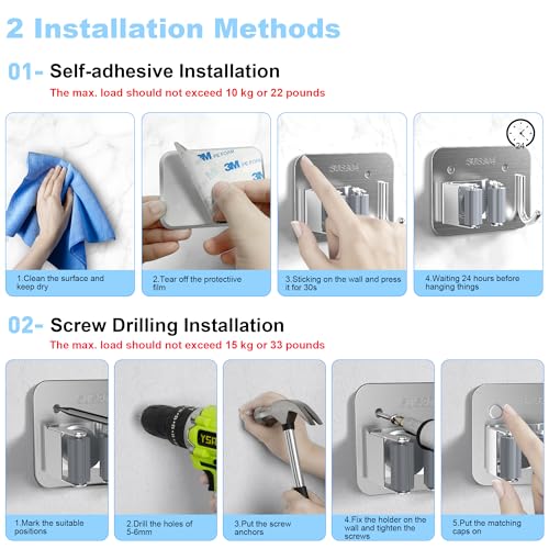4 Pack Stainless Steel Mop and Broom Gripper with Hook, Screw Drilling or Self Adhesive Mop and Broom Holder Wall Mount, Storage Rack for Closet Laundry Garage Garden Tool Organizer, Silver - color: A-Silver, size: 4PCS Gripper