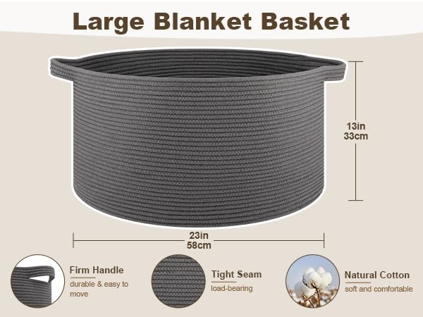 OIAHOMY 105L Blanket Basket for Living Room, Large Basket 23.6" x 23.6" x 14.6" with Handle, Laundry Hamper for Blankets, Pillows, Toy Storage for Kids, Dogs - Grey - color: Grey, size: 23.6" x 23.6" x 14.6"