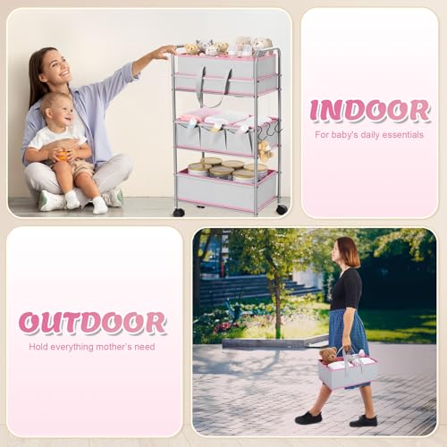 FoldTier 2in1 Baby Diaper Caddy Organizer Cart 3 Tier Large Capacity Metal Utility Bedside Rolling Cart with Divider Newborn Registry Nursery Essential Must Have Bedroom Gift Baby Shower(Pink) - color: Pink