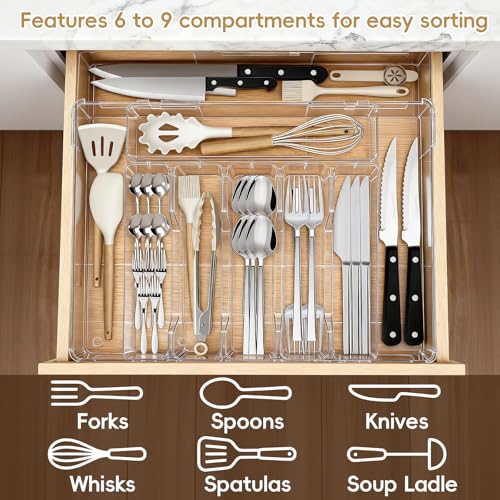 Expandable Silverware Organizers for Kitchen Drawer, Clear Utensil Drawer Organizer Tray, Adjustable Cutlery Flatware Holder for Spoon Fork Knife, Plastic Spatula Tools Gadgets Storage Divider
