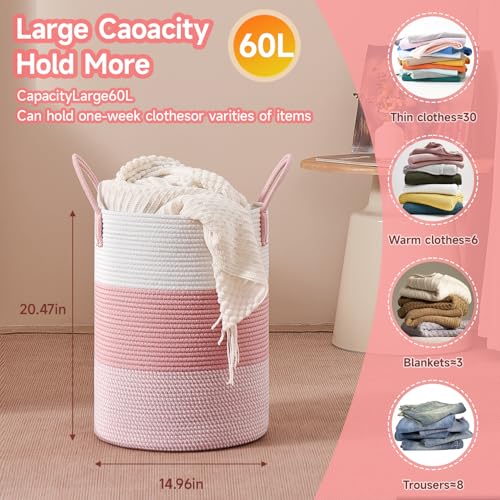CLHMILY&Z 60L Laundry Basket Round Storage Rope Basket - 15x20.5 Inches - Pink Hamper in Bedreoom and Cute Storage Bin for Blankets, Toys, and Nursery Essentials - color: Pink & White, size: 60L