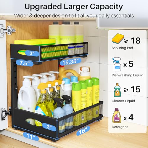 Under Sink Organizer, 2 Tier Pull Out Under Cabinet Organizer Shelf with Pad for Framed Cabinets, Metal Slide Out Under Sink Storage, Mesh Sliding Drawers for Kitchen Bathroom Laundry(Black, 1 Pack) - color: Black, size: 1-Pack