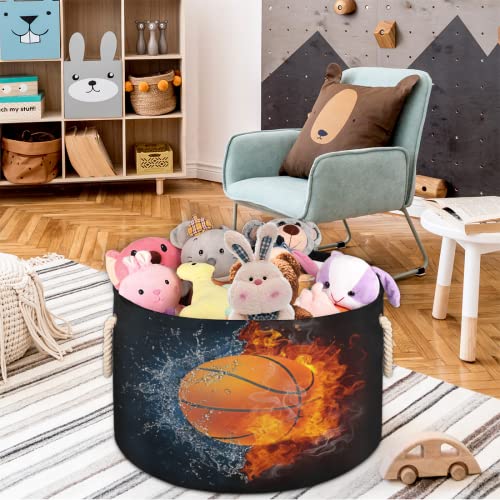 Pardick Large Round Storage Basket Art Basketball Ball Collapsible Circle Storage Bin Laundry Hamper With Handle for Kids Toy Blanket Dirty Clothes Towel Living Room Nursery Storage Organizer - color: B:Fire Basketball