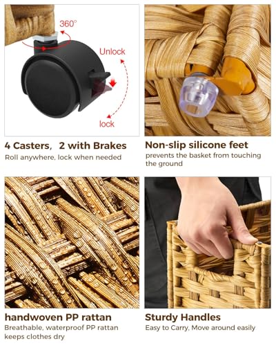 Greenstell Laundry Hamper with Wheels, 11.9 Gallon (45L) Small Clothes Hamper with 2 Removable Liner Bags & 2 Mesh Bags, Slim Rattan Laundry Basket for Bathroom, Bedroom, Natural - color: Natural, size: 45L (15.8 x 7.9 x 23.6 inches)