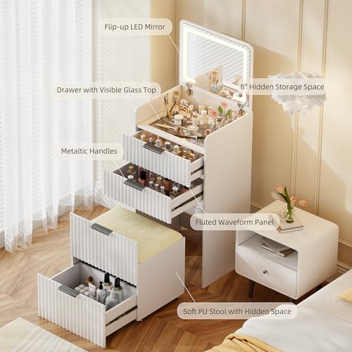Gurexl Fluted Small Vanity Desk with Mirror and Lights, 3-in-1 Compact Makeup Vanity Set with Hidden Storage Stool, Mini Dressing Table with 3 Drawers for Little Girls, (Cream White) - color: Cream White
