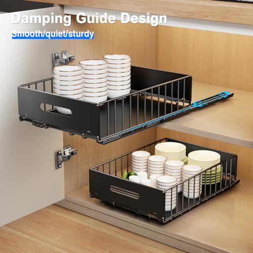 Mustorn 2 Pack Pull Out Cabinet Organizer, Slide Out Drawers for Cabinets, Peel and Stick, Heavy Duty Shelves for Kitchen, Cupboard, Pantry, Bathroom (16.5"D*11.8"W*3.94"H-Black) - color: Black, size: 16.5"D*11.8"W*3.94"H