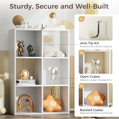 COMHOMA 6 Wood Cube Storage Organizer with Open Back and Removable Back Panels, 11In White Cube Storage Bookshelf, Cubicle Shelf Bookcase for Home Office Bedroom Living Room, Vertical or Horizontal - color: 6 Cube Cream