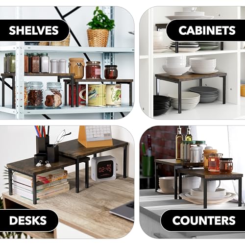 Simple Houseware Expandable Stackable Cabinet and Counter Shelf Organizer with Wooden Surface, 7.6'' D x 11.75'' W x 6.1'' H, Rustic Brown - color: Rustic Brown