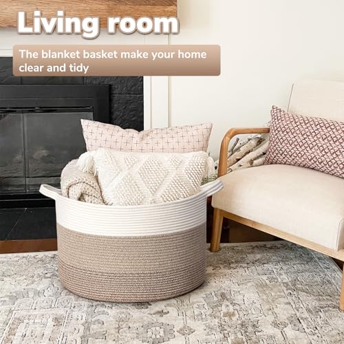 Goodpick Large Laundry Basket, Woven Rope Storage Basket for Blanket, Toy Bin for Baby Room, Nursery, Bedroom, Toys, 21.7'' x 13.8'', Light & Brown - color: White & Light Brown, size: 21.7x21.7x13.8 Inch (Pack of 1)