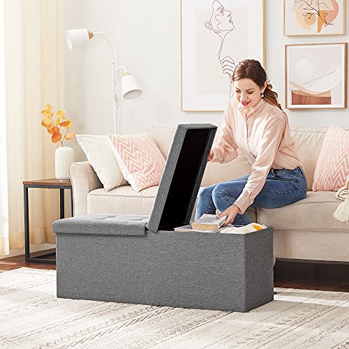 SONGMICS MAZIE Collection - 43 Inches Storage Ottoman, Foldable Storage Bench with Flipping Lid, 660 lb Load Capacity, for Entryway, Living Room, Bedroom, Light Gray ULSF71G - color: Light Gray, size: 15"D x 43"W x 15"H