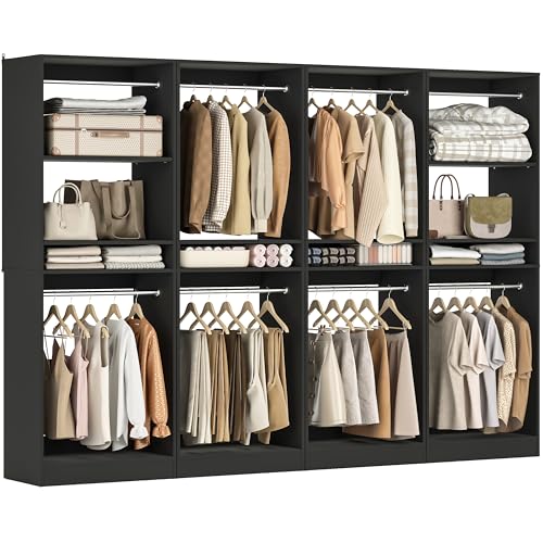 Unikito 100 Inch Large Closet System, 8.3FT Wood Closet Organizer Kit with 8 Hanging Rods, Adjustable Walk in Wardrobe Closet Tower, Sturdy Luxury Clothes Garment Rack, Easy Assembly, Set of 4, Black - color: Black, size: 100 Inch