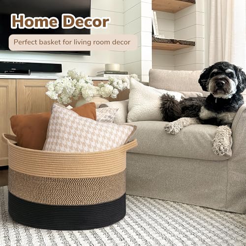 INDRESSME XXXLarge Cotton Rope Basket 21.7" x 21.7" x 13.8" Woven Baby laundry Blanket Basket for Living Room Decor, Toy Storage Baskets for Kids Boys Girls, Camel Mix & Black - color: Camel Mix & Black, size: 21.7"D x 13.8"H