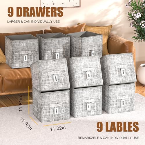 LUKYTOWER Cube Storage Organizer Shelf with Printed Bins + Labels, Cubby Storage Organizer with Bins, Large Capacity Shelves for Storage,Closet, Living Room, Dorm, Yarn (Grey, 9 Cube) - size: 9 Cube