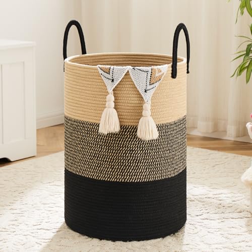 Artfeel Laundry Basket,Woven Cotton Rope Laundry Hamper,40L for Decorative Storage of Dirty Clothes,Toys and Blankets in Bathroom,Bedroom and Living Room - color: Black & Brown, size: 40L
