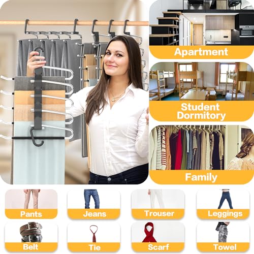 Pants Hangers Space Saving - 4 PCS Closet Organizer and Storage Jean Hangers, Stainless Steel Anti-Slip Clothes Hanger Scarf Holder Pants for Jeans Leggings Trousers Rack for Back to School, Black - size: 4