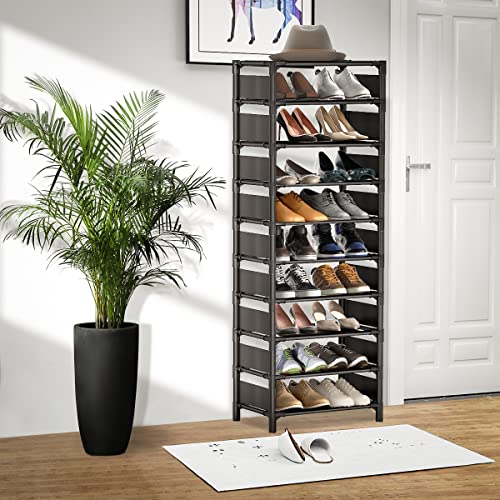 Shoe Rack - 10 Tiers Shoe Organizer with Detachable Fabric Shelves & Metal Frame, Up to 20-25 Pairs Narrow Tall Shoe Rack for Closet, Entryway, 17.7" x 11.0" x 63" - color: Black-11"d X 17.7"w