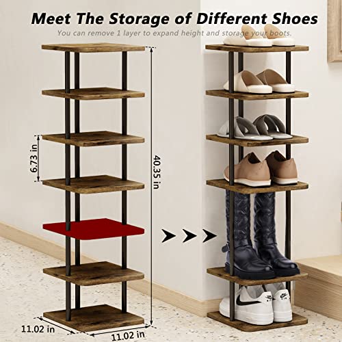 AZERPIAN Shoe Rack 7 Tier Vertical Storage Organizer Narrow Metal Slim Shelf Modern Free Standing Shoe Tower Saving Space for Closet Entryway Bedroom,Black+Rustic Brown - color: Black+rustic Brown, size: 7 Tier
