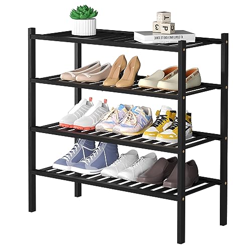 ROMGUAR CRAFT 4 Tier Bamboo Shoe Rack for Closet Free Standing Wood Shoe Shelf for Entryway Small Space Stackable 27"x11"x26" (Black) - color: Black, size: 4 tier