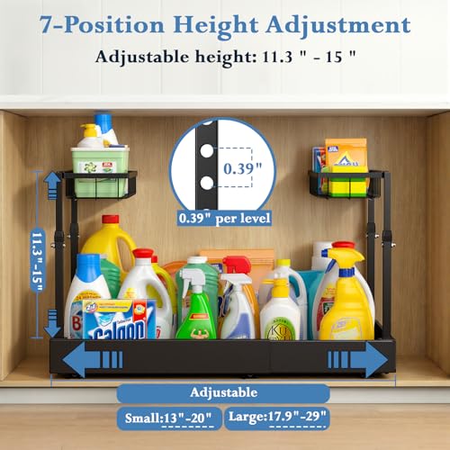 Aisslro Under Sink Organizer, 2 Tier Under the Sink Storage, Expandable Adjustable Slide Out Pull Out Under Cabinet Organizers Shelf, for Kitchen Bathroom Pantry Closet Organization, Black - size: Small