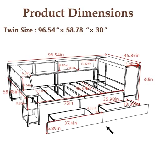 HRVEOCEI Corner Bed Frame Twin with Storage Bookshelf & Desk, U-Shaped Daybed Frame with 2 Drawers, Metal Corner Beds with Charging Station & LED Lights for Bedroom, Flip Left or Right (White, Twin) - color: White, size: Twin