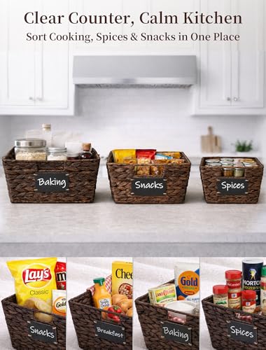 Pantry Organizers and Storage, Water Hyacinth Storage Baskets for Shelves, Brown Baskets for Organizing, Pantry Baskets with Chalkboard Labels and Marker - color: Brown
