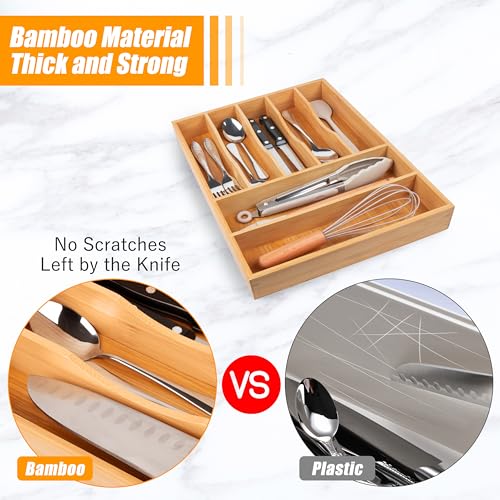 Bellsal Bamboo Silverware Drawer Organizer, Kitchen Utensil Drawer Organizers, 12"x15.7" Utensils Holder Cutlery Tray with Grooved Drawer Dividers for Kitchen Flatware Bedroom Office(7 Slot, Natural) - color: Nature, size: 7 Slots