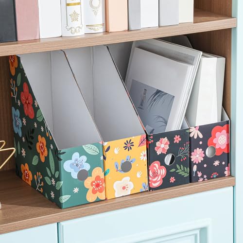 PerKoop 6 Pcs Decorative Magazine File Holders Floral Foldable File Folders Magazine Storage Boxes Rack Desk Organizer Documents with Printable Labels for School Office Home (Floral Design) - style: Floral Design
