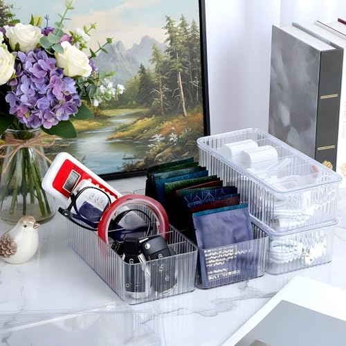 4 Pcs Cable Organizer Box, Clear Plastic Cord Storage Organizer with 40 Wire Ties Charging Cord Storage Organizers with Lid for Home Office Desk Drawer Organizers and Accessories
