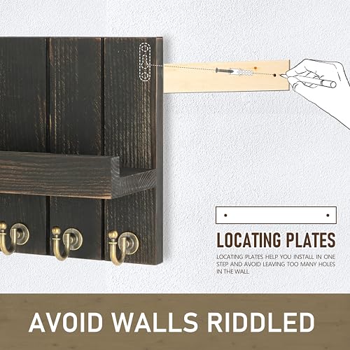 Rebee Vision Pine Wood Key Holder Wall Mount with Floating Shelf – Farmhouse Key Holder for Wall to Maximize Storage Solutions – Mail Organizer for Office Decor (3.54" x 10" x 7.28", Distressed Black) - color: Distressed Black, size: 10 Inch