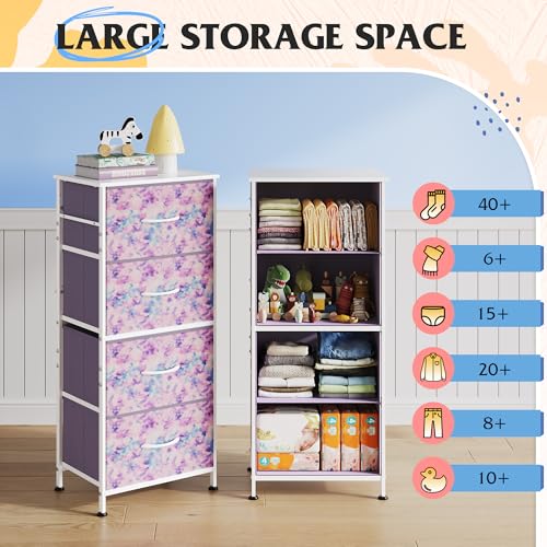 WLIVE Dresser with 4 Drawers, Storage Tower, Organizer Unit, Fabric Dresser for Bedroom, Hallway, Entryway, Closets, Sturdy Steel Frame, Wood Top, Easy Pull Handle, Tie-dye Print (Pink, Purple, Blue) - color: Tie-dye Purple Print