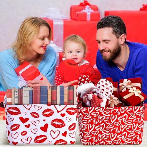 Geelin 3 Pcs Valentines Day Storage Baskets Red and White Heart Valentines Basket for Gifts Collapsible Waterproof Canvas Bin Organizer with Handles for Book Closet Shelf Nursery Decor - style: Valentine Red and White