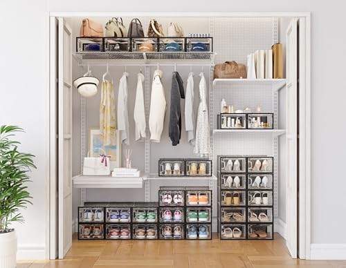 HOMIDEC Shoe Storage, 12 Pack Shoe Organizer for Closet, Shoe Boxes Clear Plastic Stackable Shoe Containers with Lids for Size 10 - color: Black, size: L