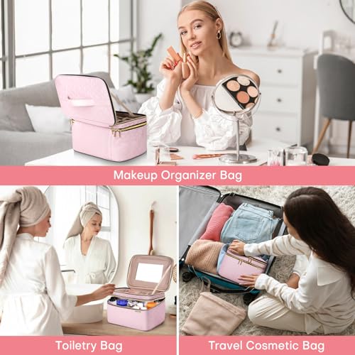 HXLGMD Large Makeup Bag with Mirror Double Layer Travel Make Up Organizer Case, Large Capacity Coemetic with Brush Slot Divider, Travel Toiletry Bag for Women (Pink) - color: Pink
